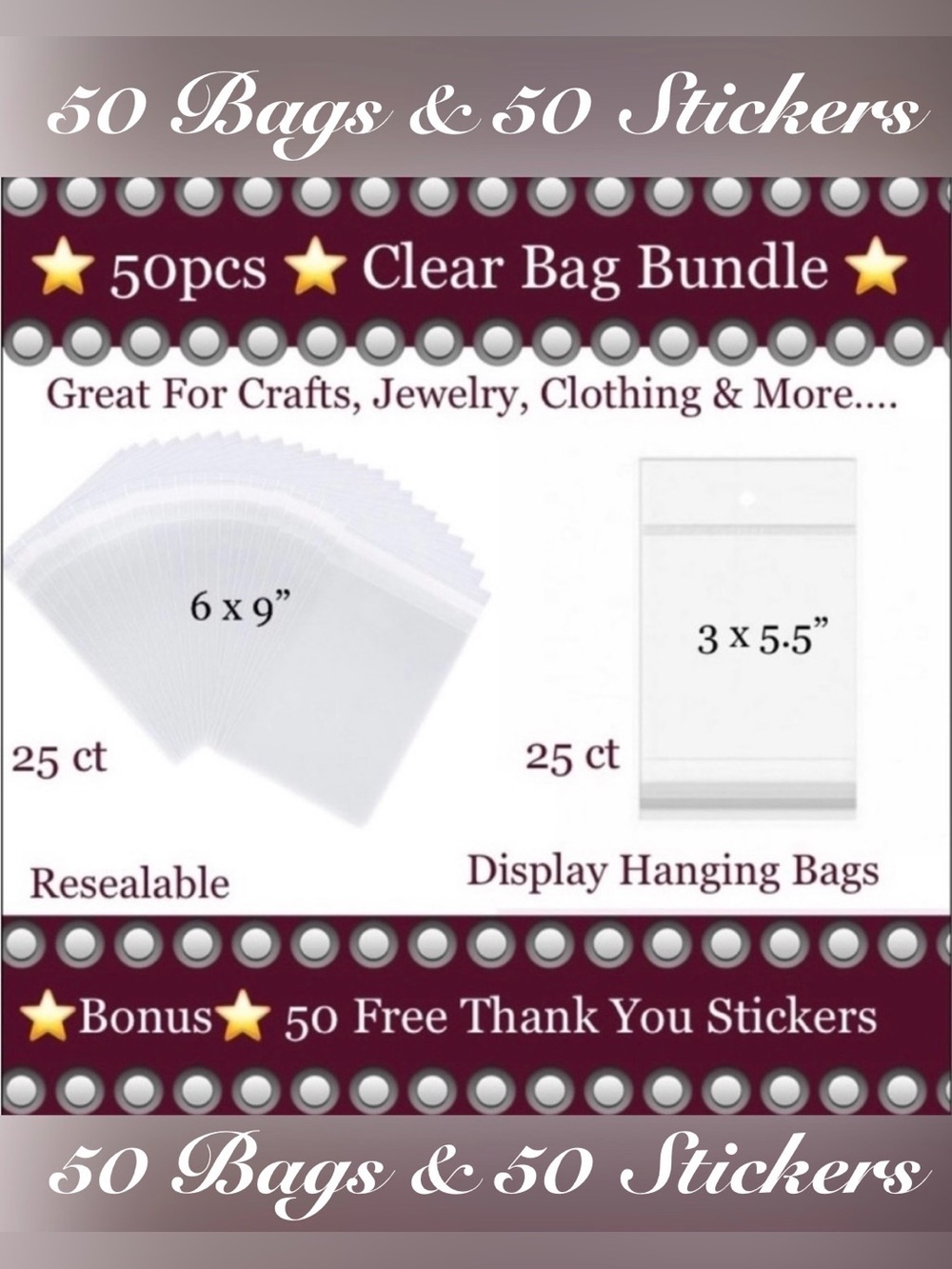 100pcs Bundle includes 25ct 6x9” & 25ct 3x5-1/2”Clear Cello Bags & 50ct Stickers